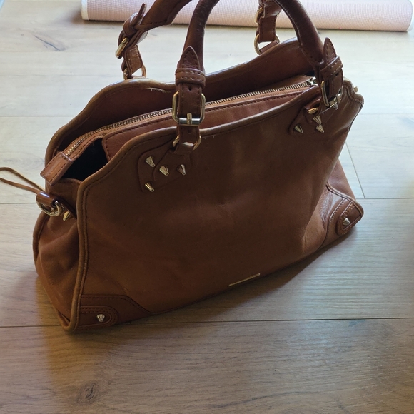 Rebecca Minkoff Buttery Leather Tan and Black Woven Satchel - Picture 2 of 9